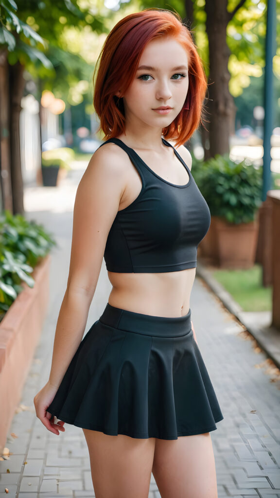 a stunningly beautiful (((young teen girl with red hair and a black, sleek round mini skirt and thin super short crop tank top))) who exudes an air of sophistication and elegance, with flawless skin and a slender figure