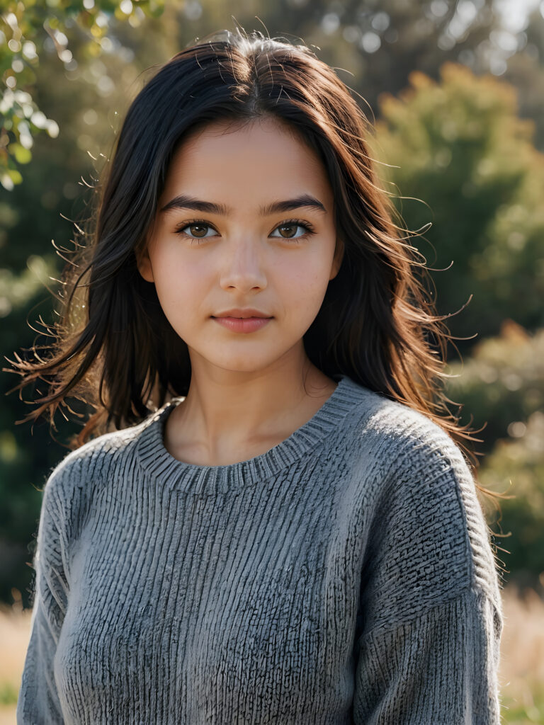 a (((stunningly gorgeous))) (((detailed and realistic portrait))) featuring a 16-year-old Turkmenistan girl who wears a (((grey short sweater made of fine wool))), long straight black hair