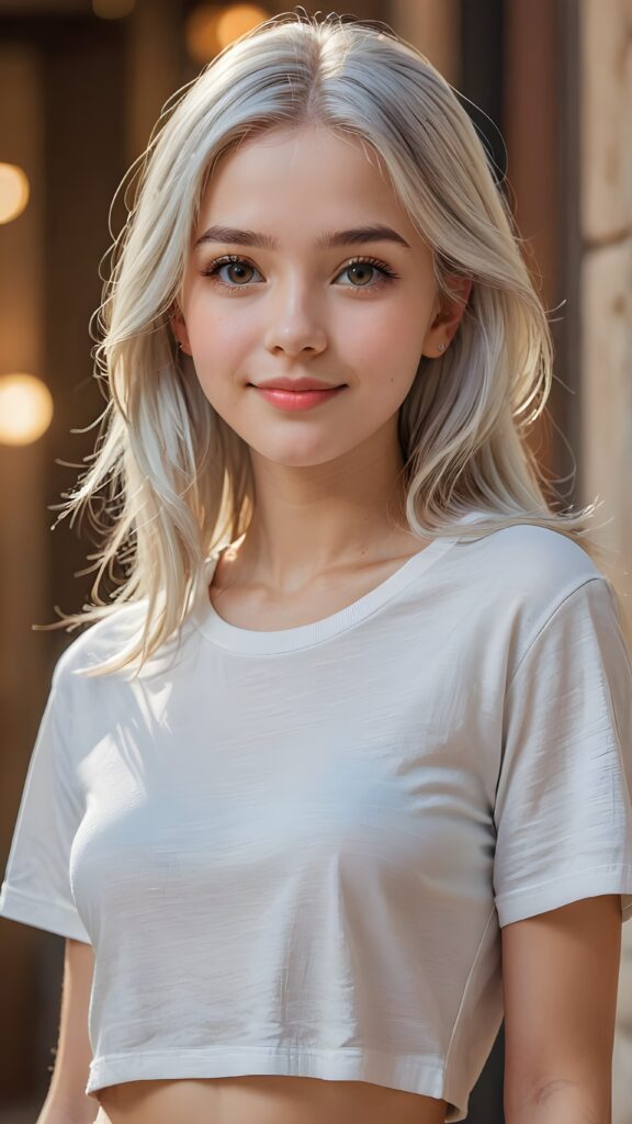 a stunningly (((cute and elegant)) young teen girl) with intricate long (straight soft white hair) that extends down her back, dressed in a (((short cropped t-shirt))), featuring perfect curves and an ultra realistic face with (detailed, realistic eyes). Her hair framing her face in a masterful composition that draws the eye. The scene is captured with a (highly detailed, ultra realistic image) that exudes a warm glow, emphasizing depth through softly blurred focus and a touch of (film grain), while the girl looks directly at the viewer with a (serene smile) that draws attention to her upper body, which stands out in striking detail against a (masterfully crafted, ultra realistic backdrop) that borders on (best-quality art)