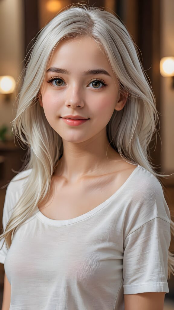 a stunningly (((cute and elegant)) young teen girl) with intricate long (straight soft white hair) that extends down her back, dressed in a (((short cropped t-shirt))), featuring perfect curves and an ultra realistic face with (detailed, realistic eyes). Her hair framing her face in a masterful composition that draws the eye. The scene is captured with a (highly detailed, ultra realistic image) that exudes a warm glow, emphasizing depth through softly blurred focus and a touch of (film grain), while the girl looks directly at the viewer with a (serene smile) that draws attention to her upper body, which stands out in striking detail against a (masterfully crafted, ultra realistic backdrop) that borders on (best-quality art)