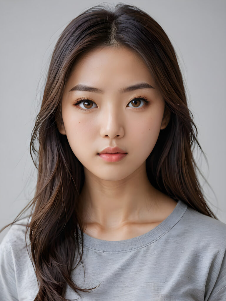 a stunningly detailed (((photograph))) capturing the intricate upper body of a (((realistically Japanese girl))), with lively, dynamically detailed straight long flowing hair, full lips, looks seductively and with her mouth slightly open, striking realistic and detailed eyes gazing directly at the viewer, set against a sophisticated, light (background), ((wears a grey t-shirt))