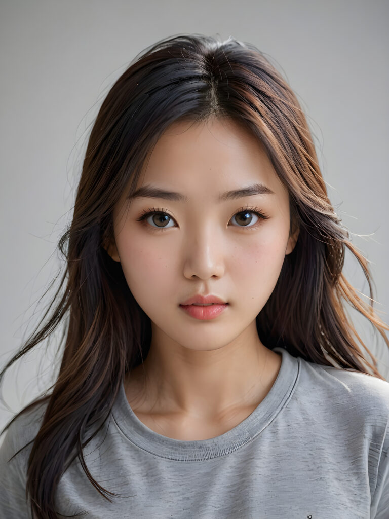 a stunningly detailed (((photograph))) capturing the intricate upper body of a (((realistically Chinese girl))), with lively, dynamically detailed straight long flowing hair, full lips, looks seductively and with her mouth slightly open, striking realistic and detailed eyes gazing directly at the viewer, set against a sophisticated, light (background), ((wears a grey t-shirt))