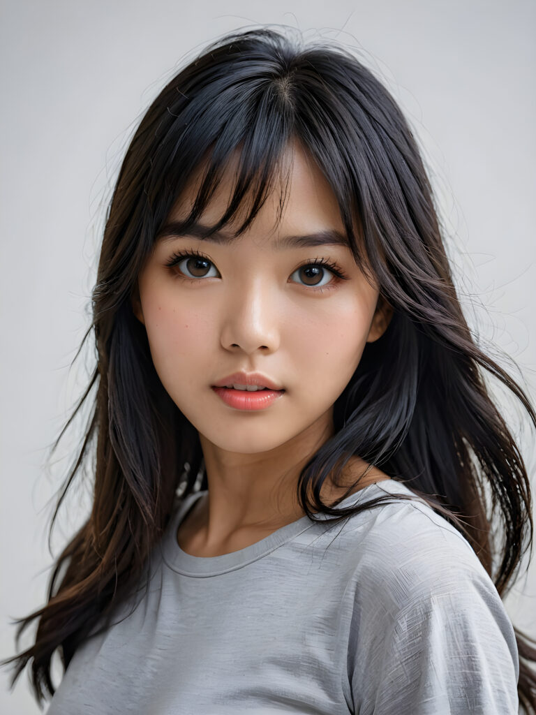 a stunningly detailed (((photograph))) capturing the intricate upper body of a (((realistically Vietnamese girl))), with lively, dynamically detailed straight long flowing hair, full lips, looks seductively and with her mouth slightly open, striking realistic and detailed eyes gazing directly at the viewer, set against a sophisticated, light (background), ((wears a grey t-shirt))