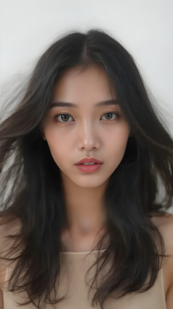 a stunningly detailed (((head shot))), featuring a gorgeously Asian girl with luxuriously long, voluminous, black hair and a sleek, glowing complexion. Her lips are expertly painted in a soft, natural tone that complements her overall look. She wears a fashionable dress, posing against a backdrop of a minimalist white studio. The interplay of light and shadow adds a touch of mystery, while the intricate details in her eyes and the way her lips are painted highlight the perfect symmetry and contrast in her face. Overall, she exudes a mix of classical and ultramodern styles, perfectly embodying the essence of the latest trends in art photography and fashion.