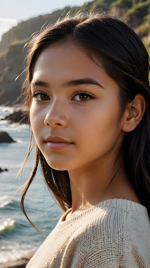 a stunningly detailed and realistic side view image of a (((beautiful, young Indigenous teen girl))), 13 years old with full, shoulder-length, shiny, soft black and straight hair framing her face in gentle waves. Her brown eyes reflect the light, and her skin is a luminous mix of light and dark browns. She wears a thin wool sweater that falls just below her shoulders, revealing a wonderfully shaped body that draws the eye. Her expression is one of seduction, as if inviting the viewer to take in every exquisite detail