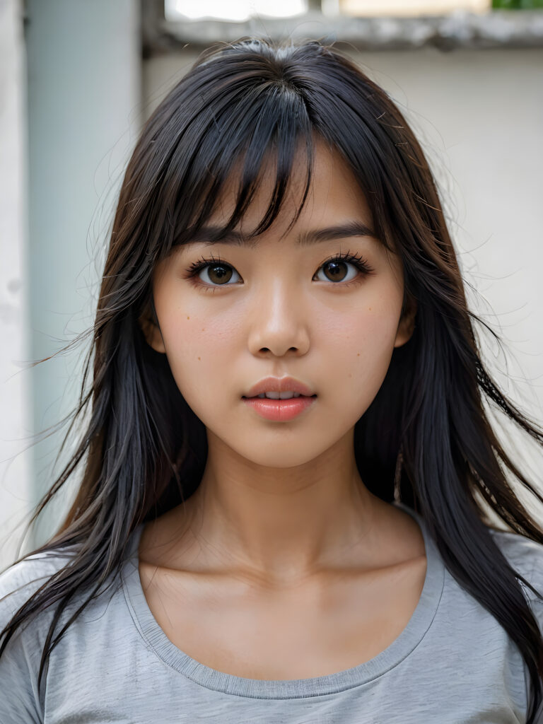 a stunningly detailed (((photograph))) capturing the intricate upper body of a (((realistically Vietnamese girl))), with lively, dynamically detailed straight long flowing hair, full lips, looks seductively and with her mouth slightly open, striking realistic and detailed eyes gazing directly at the viewer, set against a sophisticated, light (background), ((wears a grey t-shirt))