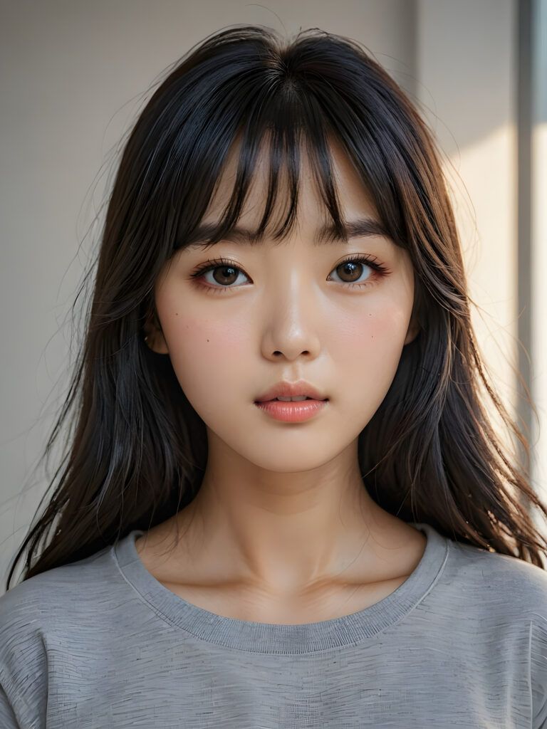 a stunningly detailed (((photograph))) representing a (((Korean girl))) with intricate, realistically drawn features like dynamically detailed straight long flowing black hair with bangs framing her face, full lips, eyes looking seductively with mouth slightly open, striking realistic and detailed eyes all against a sophisticated, softly lit (background) where she wears a modern minimalist grey t-shirt