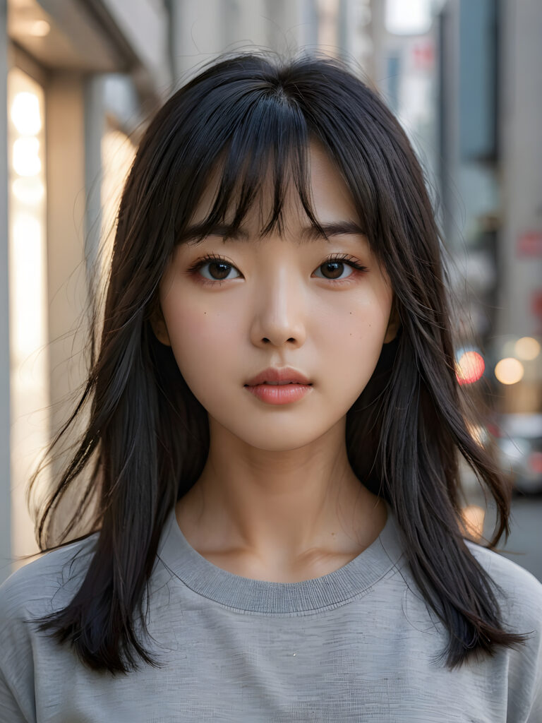 a stunningly detailed (((photograph))) representing a (((Korean girl))) with intricate, realistically drawn features like dynamically detailed straight long flowing black hair with bangs framing her face, full lips, eyes looking seductively with mouth slightly open, striking realistic and detailed eyes all against a sophisticated, softly lit (background) where she wears a modern minimalist grey t-shirt