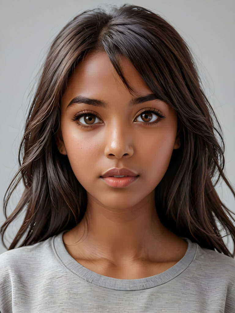 a stunningly detailed (((photograph))) representing a (((brown-skinned Exotc girl))) with intricate, realistically drawn features like dynamically detailed straight long flowing black hair with bangs framing her face, full lips, eyes looking seductively with mouth slightly open, striking realistic and detailed eyes all against a sophisticated, softly lit (background) where she wears a modern minimalist grey t-shirt