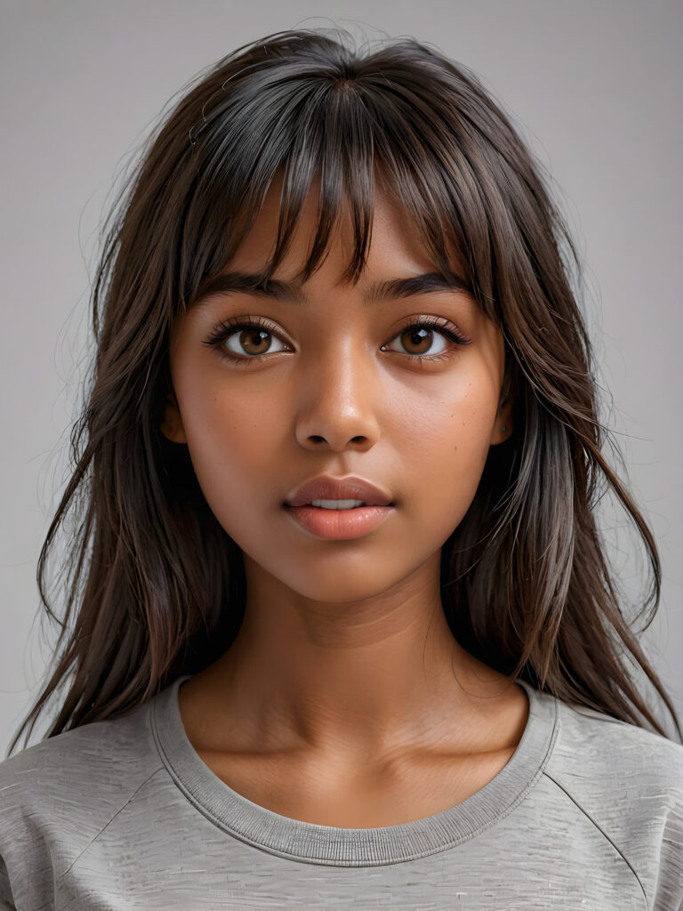 a stunningly detailed (((photograph))) representing a (((brown-skinned Exotc girl))) with intricate, realistically drawn features like dynamically detailed straight long flowing black hair with bangs framing her face, full lips, eyes looking seductively with mouth slightly open, striking realistic and detailed eyes all against a sophisticated, softly lit (background) where she wears a modern minimalist grey t-shirt