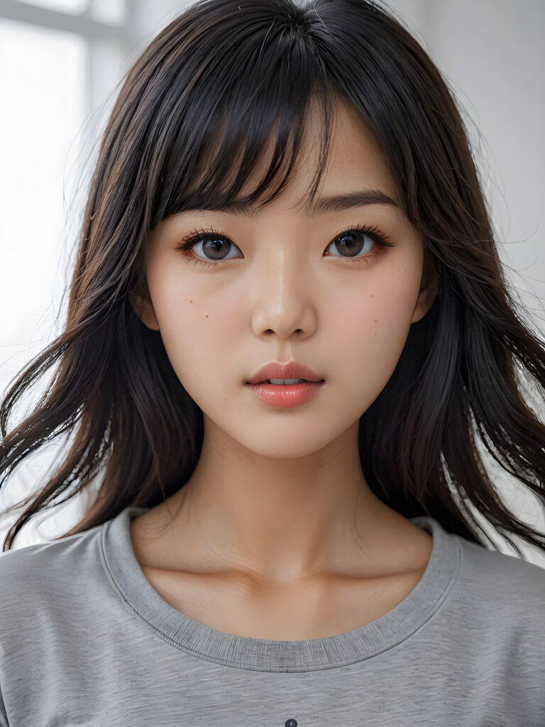 a stunningly detailed (((photograph))) capturing the intricate upper body of a (((realistically Korean girl))), with lively, dynamically detailed straight long flowing black hair with bangs frame her face, full lips, looks seductively and with her mouth slightly open, striking realistic and detailed eyes gazing directly at the viewer, set against a sophisticated, light (background), ((wears a grey t-shirt))