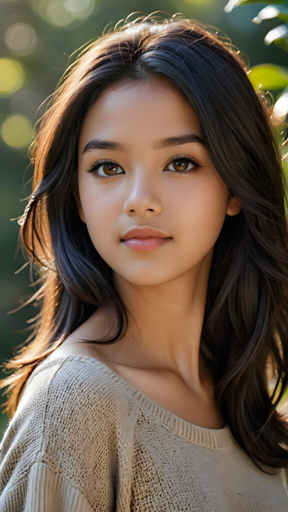 a stunningly detailed and realistic side view image of a (((beautiful, young Exotic teen girl))), 13 years old with full, shoulder-length, shiny, soft black and straight hair framing her face in gentle waves. Her brown eyes reflect the light, and her skin is a luminous mix of light and dark browns. She wears a thin wool sweater that falls just below her shoulders, revealing a wonderfully shaped body that draws the eye. Her expression is one of seduction, as if inviting the viewer to take in every exquisite detail