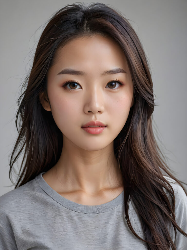 a stunningly detailed (((photograph))) capturing the intricate upper body of a (((realistically Chinese girl))), with lively, dynamically detailed straight long flowing hair, full lips, looks seductively and with her mouth slightly open, striking realistic and detailed eyes gazing directly at the viewer, set against a sophisticated, light (background), ((wears a grey t-shirt))