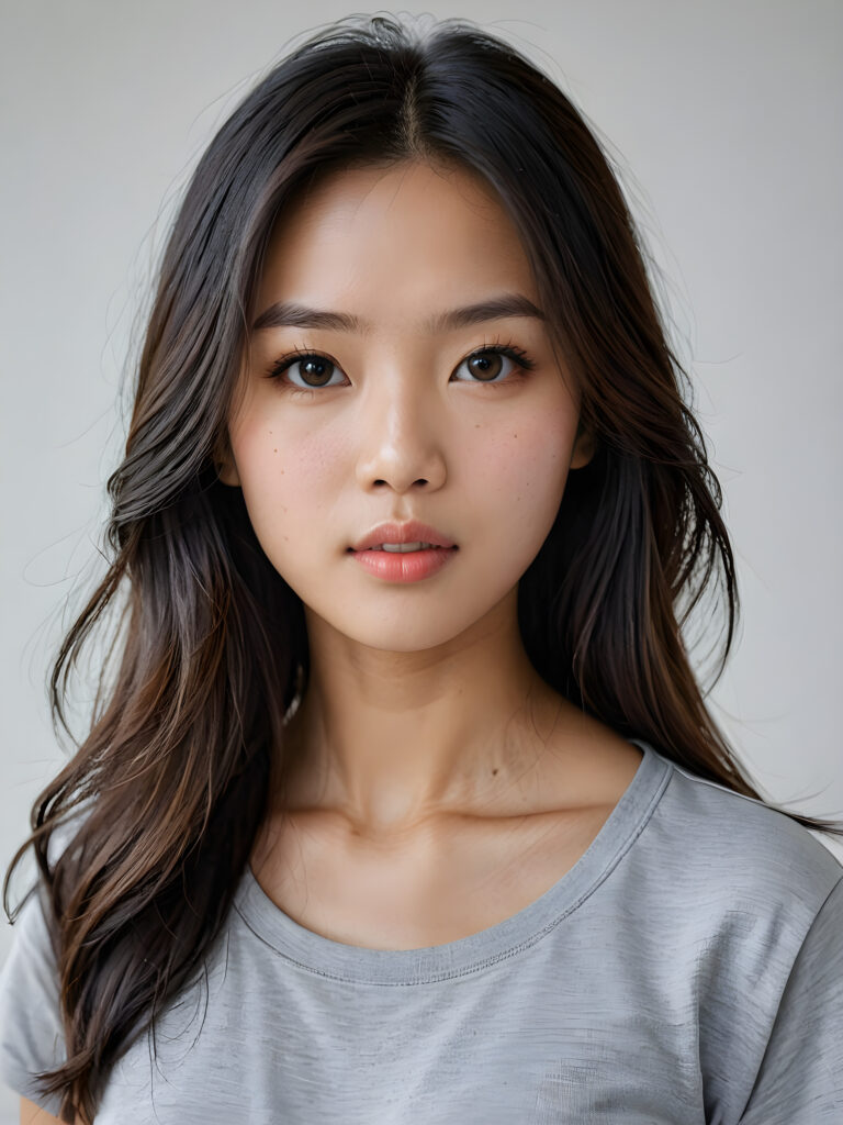 a stunningly detailed (((photograph))) capturing the intricate upper body of a (((realistically Vietnamese girl))), with lively, dynamically detailed straight long flowing hair, full lips, looks seductively and with her mouth slightly open, striking realistic and detailed eyes gazing directly at the viewer, set against a sophisticated, light (background), ((wears a grey t-shirt))