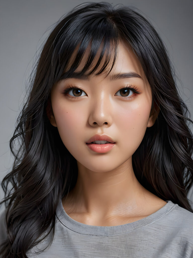 a stunningly detailed (((photograph))) representing a (((Asian girl))) with intricate, realistically drawn features like dynamically detailed straight long flowing black hair with bangs framing her face, full lips, eyes looking seductively with mouth slightly open, striking realistic and detailed eyes all against a sophisticated, softly lit (background) where she wears a modern minimalist grey t-shirt