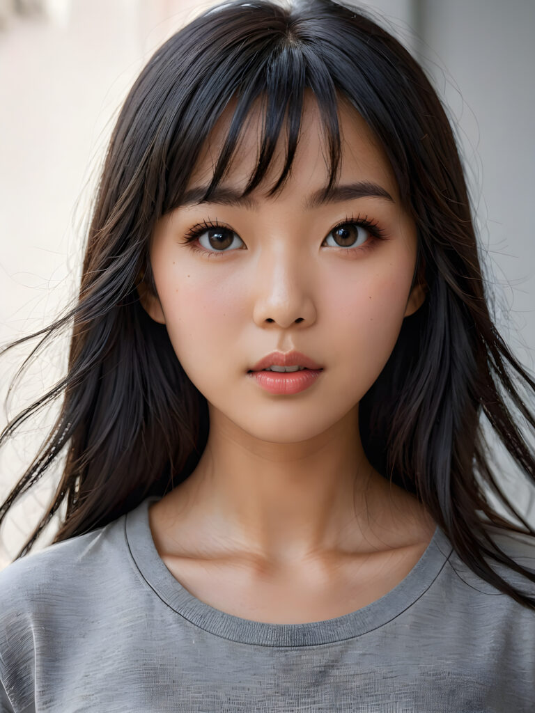 a stunningly detailed (((photograph))) representing a (((Asian girl))) with intricate, realistically drawn features like dynamically detailed straight long flowing black hair with bangs framing her face, full lips, eyes looking seductively with mouth slightly open, striking realistic and detailed eyes all against a sophisticated, softly lit (background) where she wears a modern minimalist grey t-shirt