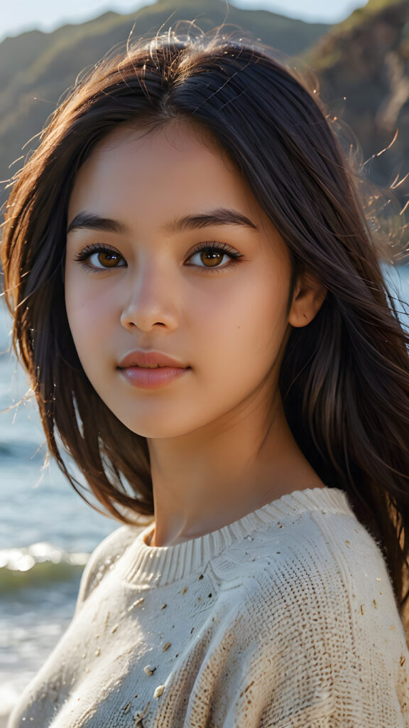 a stunningly detailed and realistic side view image of a (((beautiful, young Exotic teen girl))), 13 years old with full, shoulder-length, shiny, soft black and straight hair framing her face in gentle waves. Her brown eyes reflect the light, and her skin is a luminous mix of light and dark browns. She wears a thin wool sweater that falls just below her shoulders, revealing a wonderfully shaped body that draws the eye. Her expression is one of seduction, as if inviting the viewer to take in every exquisite detail