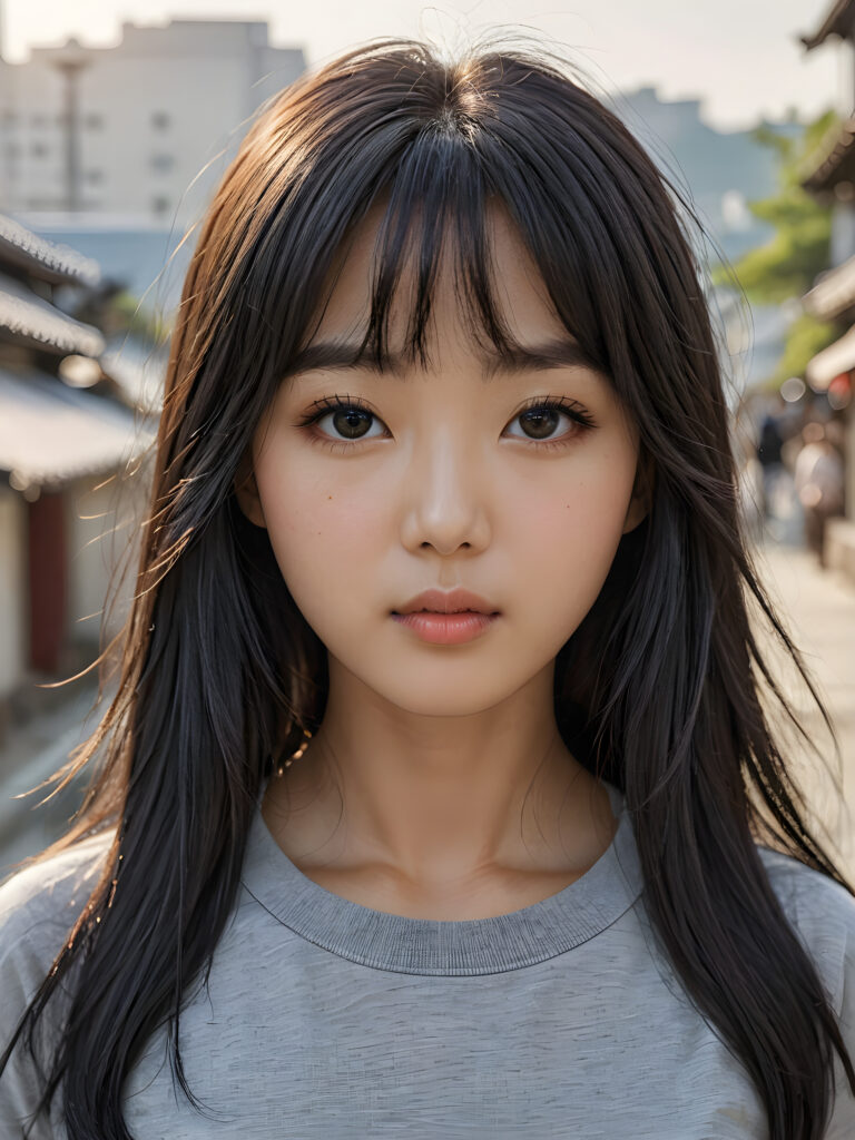 a stunningly detailed (((photograph))) representing a (((Korean girl))) with intricate, realistically drawn features like dynamically detailed straight long flowing black hair with bangs framing her face, full lips, eyes looking seductively with mouth slightly open, striking realistic and detailed eyes all against a sophisticated, softly lit (background) where she wears a modern minimalist grey t-shirt