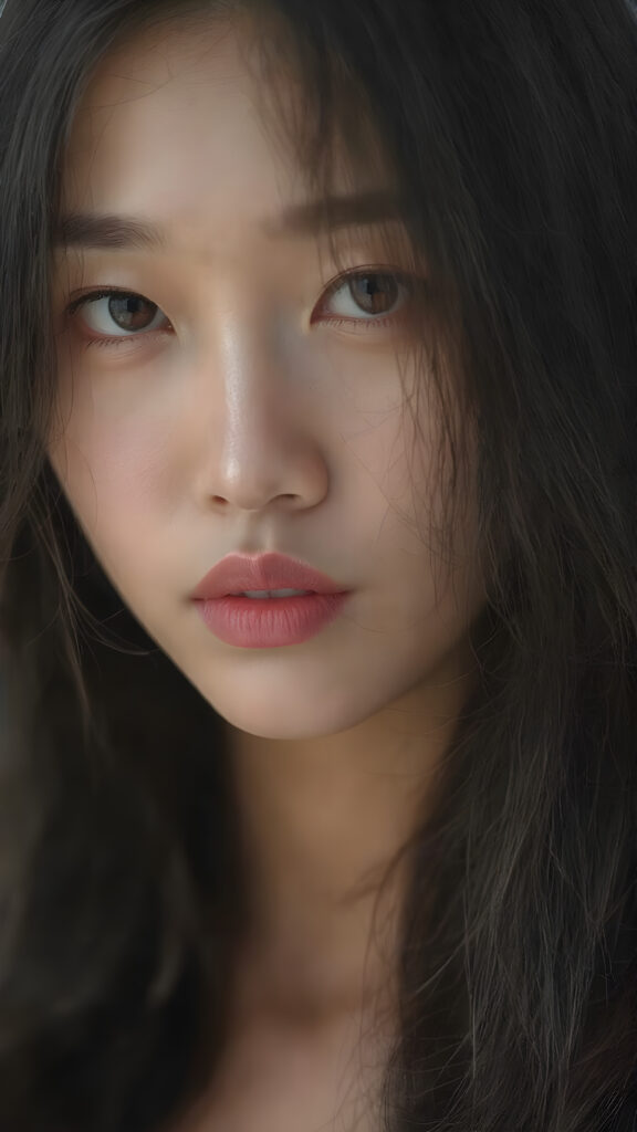 a stunningly detailed (((head shot))), featuring a gorgeously Asian girl with luxuriously long, voluminous, black hair and a sleek, glowing complexion. Her lips are expertly painted in a soft, natural tone that complements her overall look. She wears a fashionable dress, posing against a backdrop of a minimalist white studio. The interplay of light and shadow adds a touch of mystery, while the intricate details in her eyes and the way her lips are painted highlight the perfect symmetry and contrast in her face. Overall, she exudes a mix of classical and ultramodern styles, perfectly embodying the essence of the latest trends in art photography and fashion.