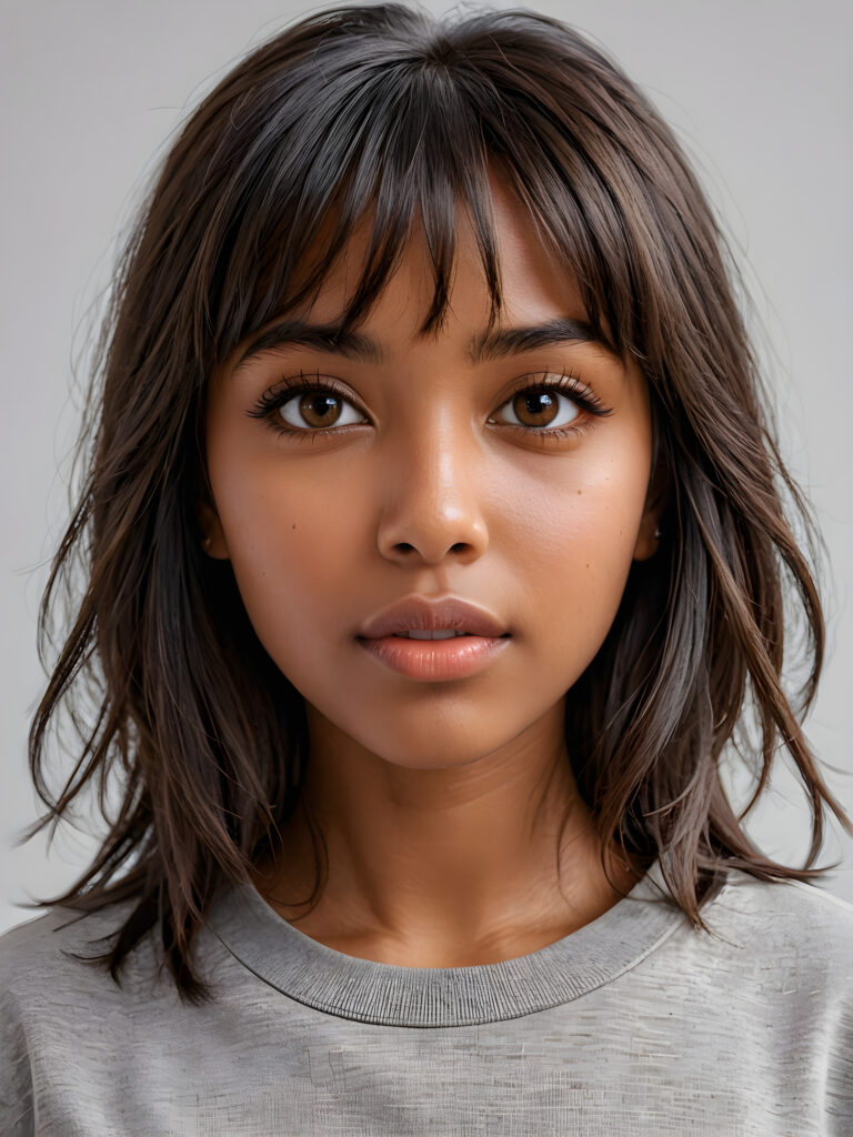 a stunningly detailed (((photograph))) representing a (((brown-skinned Exotc girl))) with intricate, realistically drawn features like dynamically detailed straight long flowing black hair with bangs framing her face, full lips, eyes looking seductively with mouth slightly open, striking realistic and detailed eyes all against a sophisticated, softly lit (background) where she wears a modern minimalist grey t-shirt