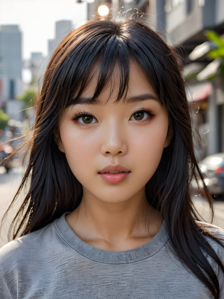 a stunningly detailed (((photograph))) representing a (((Asian girl))) with intricate, realistically drawn features like dynamically detailed straight long flowing black hair with bangs framing her face, full lips, eyes looking seductively with mouth slightly open, striking realistic and detailed eyes all against a sophisticated, softly lit (background) where she wears a modern minimalist grey t-shirt