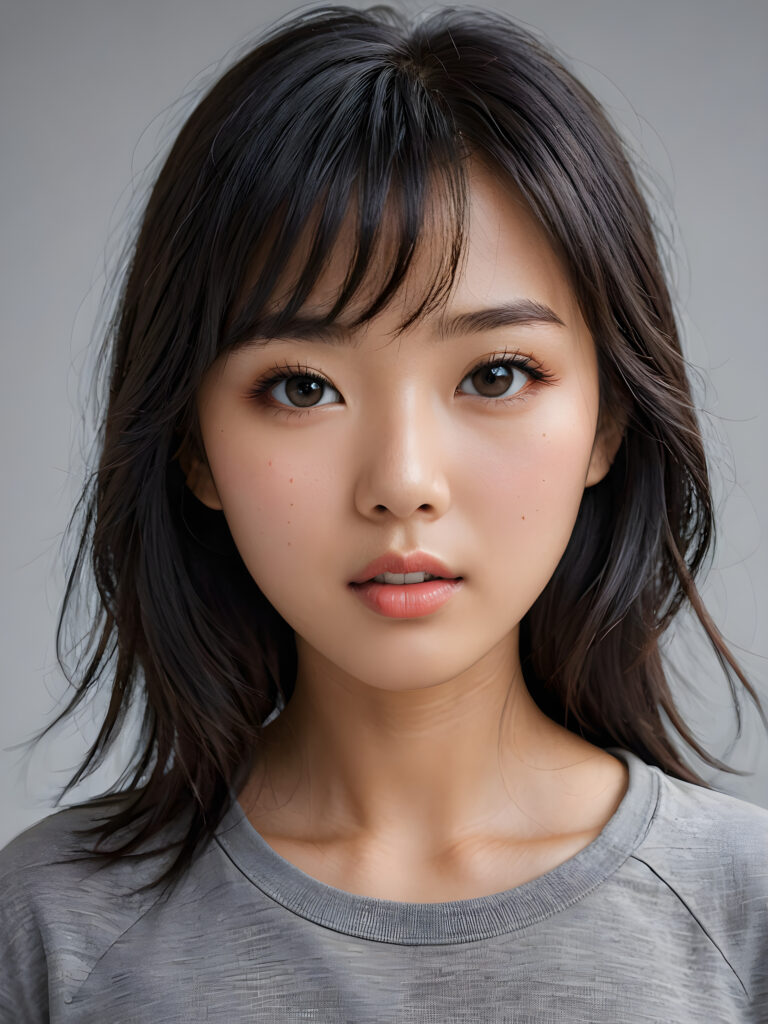 a stunningly detailed (((photograph))) representing a (((Asian girl))) with intricate, realistically drawn features like dynamically detailed straight long flowing black hair with bangs framing her face, full lips, eyes looking seductively with mouth slightly open, striking realistic and detailed eyes all against a sophisticated, softly lit (background) where she wears a modern minimalist grey t-shirt