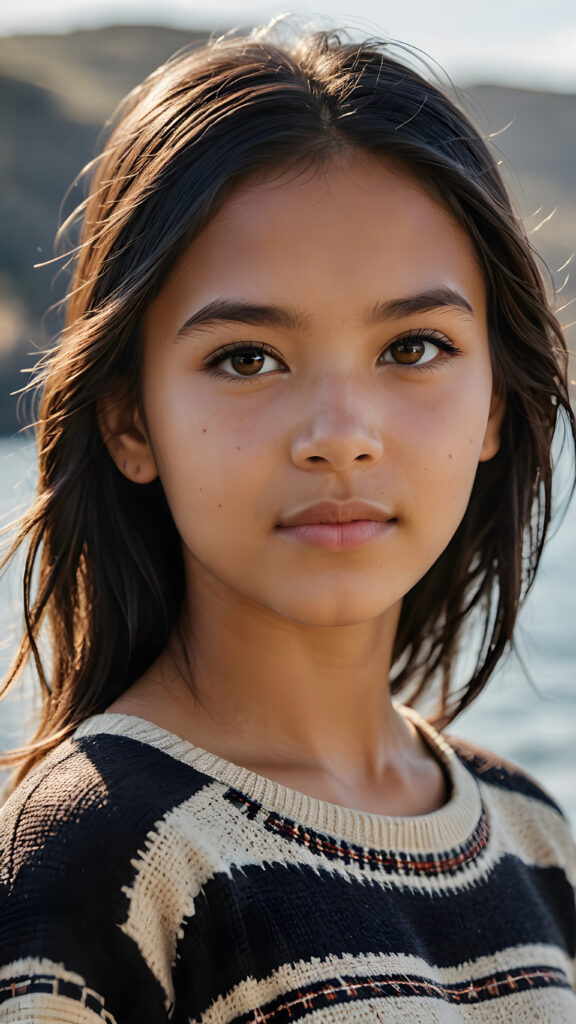 a stunningly detailed and realistic side view image of a (((beautiful, young Indigenous teen girl))), 13 years old with full, shoulder-length, shiny, soft black and straight hair framing her face in gentle waves. Her brown eyes reflect the light, and her skin is a luminous mix of light and dark browns. She wears a thin wool sweater that falls just below her shoulders, revealing a wonderfully shaped body that draws the eye. Her expression is one of seduction, as if inviting the viewer to take in every exquisite detail