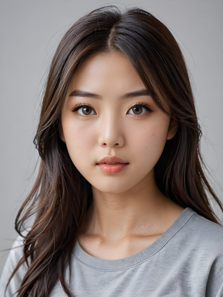 a stunningly detailed (((photograph))) capturing the intricate upper body of a (((realistically Japanese girl))), with lively, dynamically detailed straight long flowing hair, full lips, looks seductively and with her mouth slightly open, striking realistic and detailed eyes gazing directly at the viewer, set against a sophisticated, light (background), ((wears a grey t-shirt))