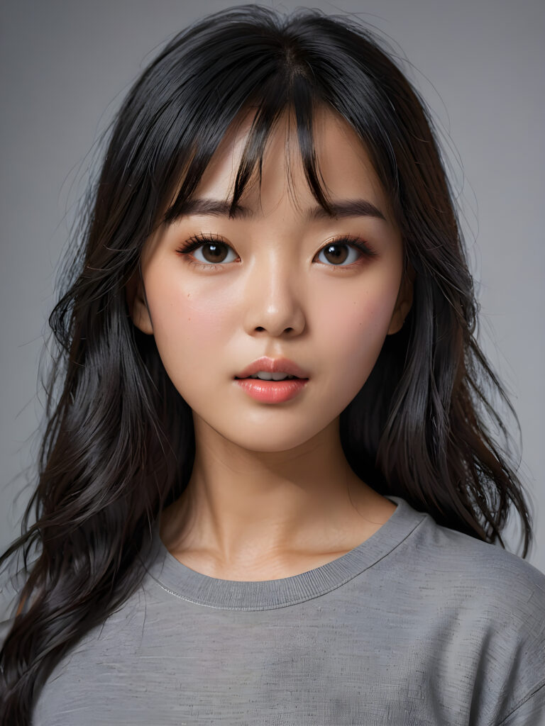 a stunningly detailed (((photograph))) representing a (((Asian girl))) with intricate, realistically drawn features like dynamically detailed straight long flowing black hair with bangs framing her face, full lips, eyes looking seductively with mouth slightly open, striking realistic and detailed eyes all against a sophisticated, softly lit (background) where she wears a modern minimalist grey t-shirt