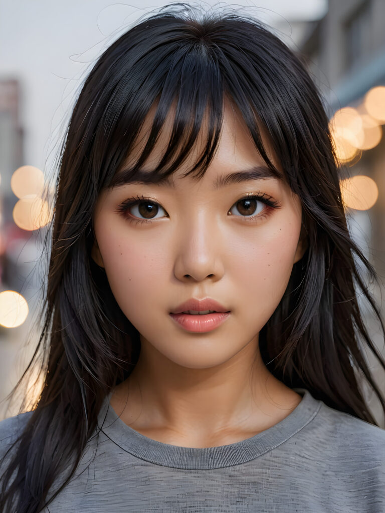 a stunningly detailed (((photograph))) representing a (((Asian girl))) with intricate, realistically drawn features like dynamically detailed straight long flowing black hair with bangs framing her face, full lips, eyes looking seductively with mouth slightly open, striking realistic and detailed eyes all against a sophisticated, softly lit (background) where she wears a modern minimalist grey t-shirt