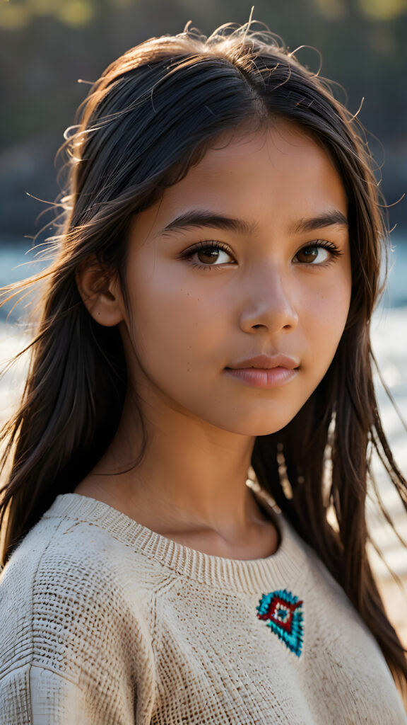 a stunningly detailed and realistic side view image of a (((beautiful, young Indigenous teen girl))), 13 years old with full, shoulder-length, shiny, soft black and straight hair framing her face in gentle waves. Her brown eyes reflect the light, and her skin is a luminous mix of light and dark browns. She wears a thin wool sweater that falls just below her shoulders, revealing a wonderfully shaped body that draws the eye. Her expression is one of seduction, as if inviting the viewer to take in every exquisite detail