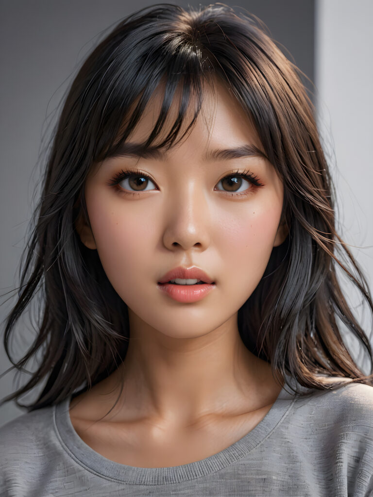 a stunningly detailed (((photograph))) representing a (((Asian girl))) with intricate, realistically drawn features like dynamically detailed straight long flowing black hair with bangs framing her face, full lips, eyes looking seductively with mouth slightly open, striking realistic and detailed eyes all against a sophisticated, softly lit (background) where she wears a modern minimalist grey t-shirt