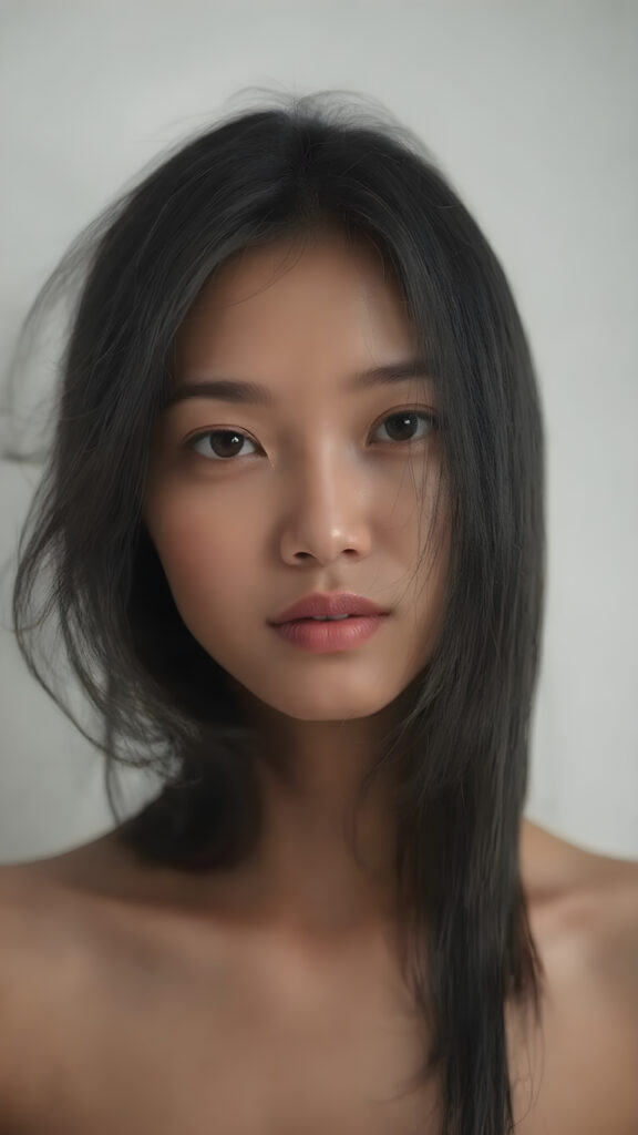 a stunningly detailed (((head shot))), featuring a gorgeously Asian girl with luxuriously long, voluminous, black hair and a sleek, glowing complexion. Her lips are expertly painted in a soft, natural tone that complements her overall look. She wears a fashionable dress, posing against a backdrop of a minimalist white studio. The interplay of light and shadow adds a touch of mystery, while the intricate details in her eyes and the way her lips are painted highlight the perfect symmetry and contrast in her face. Overall, she exudes a mix of classical and ultramodern styles, perfectly embodying the essence of the latest trends in art photography and fashion.