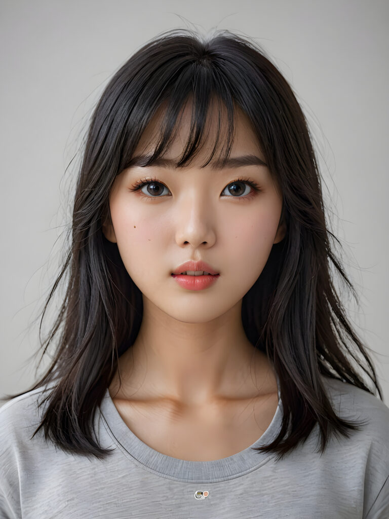 a stunningly detailed (((photograph))) capturing the intricate upper body of a (((realistically Korean girl))), with lively, dynamically detailed straight long flowing black hair with bangs frame her face, full lips, looks seductively and with her mouth slightly open, striking realistic and detailed eyes gazing directly at the viewer, set against a sophisticated, light (background), ((wears a grey t-shirt))