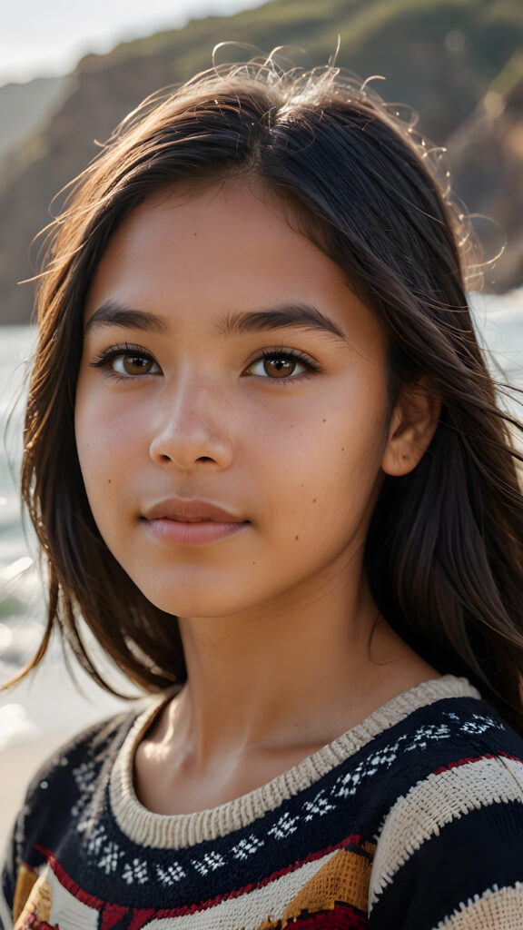 a stunningly detailed and realistic side view image of a (((beautiful, young Indigenous teen girl))), 13 years old with full, shoulder-length, shiny, soft black and straight hair framing her face in gentle waves. Her brown eyes reflect the light, and her skin is a luminous mix of light and dark browns. She wears a thin wool sweater that falls just below her shoulders, revealing a wonderfully shaped body that draws the eye. Her expression is one of seduction, as if inviting the viewer to take in every exquisite detail