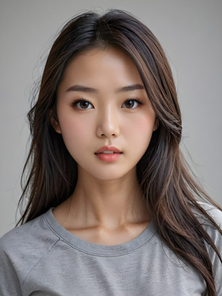 a stunningly detailed (((photograph))) capturing the intricate upper body of a (((realistically Chinese girl))), with lively, dynamically detailed straight long flowing hair, full lips, looks seductively and with her mouth slightly open, striking realistic and detailed eyes gazing directly at the viewer, set against a sophisticated, light (background), ((wears a grey t-shirt))