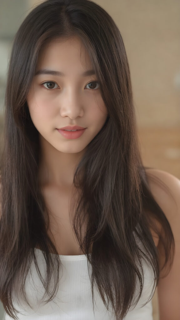 a (((stunningly realistic full-body photograph))), capturing a beautifully proportioned (((Asian teenage girl))) with exquisite features like smooth skin, (((amber eyes))), and long, straight black hair that reaches down to her waist. Her lips are soft and inviting, painted in a (natural, light hue). She wears a (very short, tight white crop tank top) that accentuates her flawless complexion. The scene is (softly backlit) with a (natural focus on her face and lips). Looking into the camera. ((Full body view))