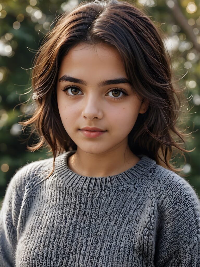 a (((stunningly gorgeous))) (((detailed and realistic portrait))) featuring a 16-year-old Persian girl who wears a (((grey short sweater made of fine wool)))