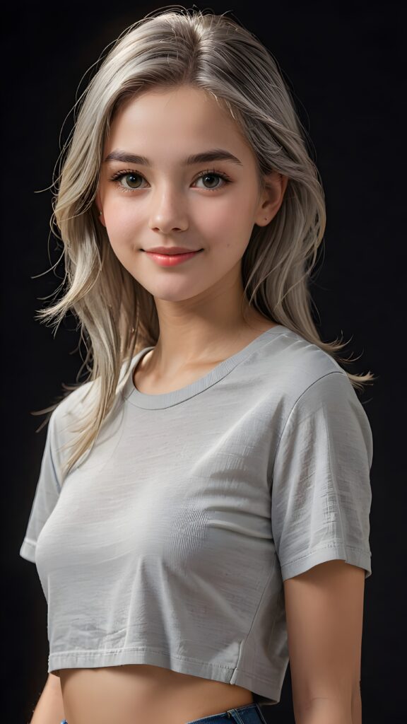 a stunningly (((cute and elegant)) young teen girl) with intricate long (straight soft grey hair) that extends down her back, dressed in a (((short cropped t-shirt))), featuring perfect curves and an ultra realistic face with (detailed, realistic eyes). Her hair framing her face in a masterful composition that draws the eye. The scene is captured with a (highly detailed, ultra realistic image) that exudes a warm glow, emphasizing depth through softly blurred focus and a touch of (film grain), while the girl looks directly at the viewer with a (serene smile) that draws attention to her upper body, which stands out in striking detail against a (masterfully crafted, ultra realistic backdrop) that borders on (best-quality art), ((dark background))