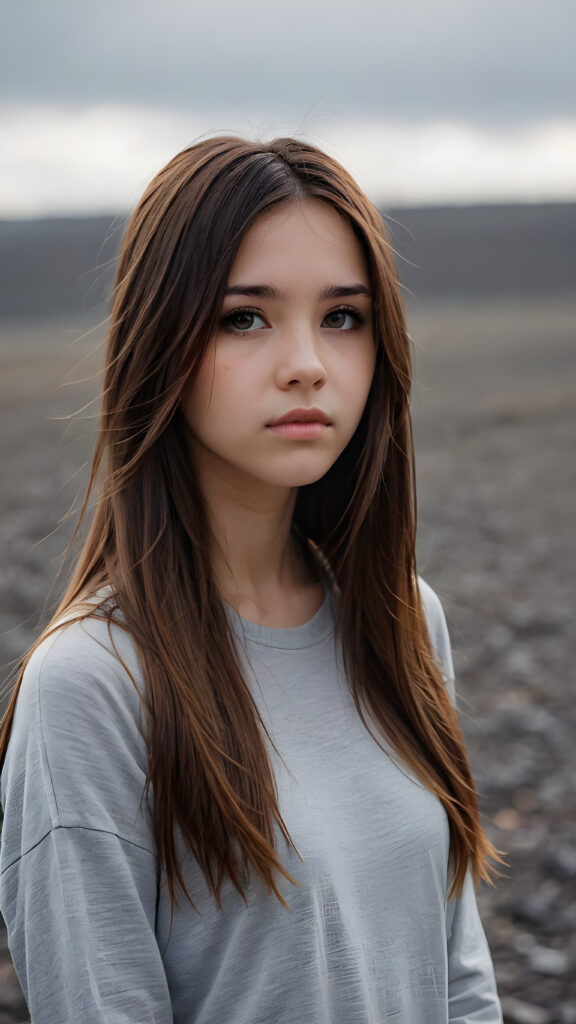 a (((stunningly drawn teen emo girl))) with (((incredibly long, soft brown straight hair))), framed by a (((vividly gray backdrop))), tears streaming down her face, reflecting a ((sad expression))) that suggests the weight of the world resting on her shoulders, amber eyes