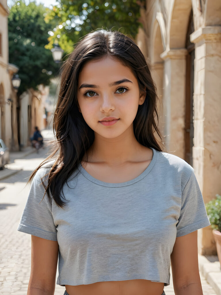 a stunningly gorgeous (((realistic portrait))), featuring a young cute Syrian girl, 16 years old, dressed in a (((grey cropped short t-shirt))), her face exuding an air of serene sophistication, she has long, straight soft obsidian black hair, beautiful body