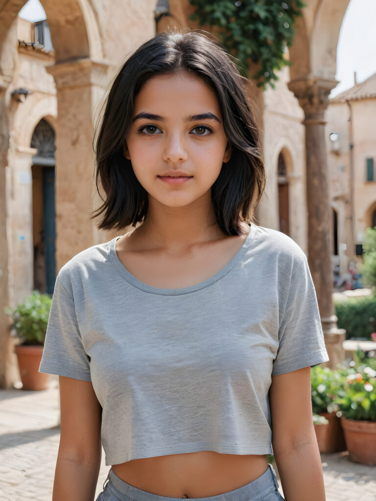 a stunningly gorgeous (((realistic portrait))), featuring a young cute Syrian girl, 16 years old, dressed in a (((grey cropped short t-shirt))), her face exuding an air of serene sophistication, she has long, straight soft obsidian black hair, beautiful body