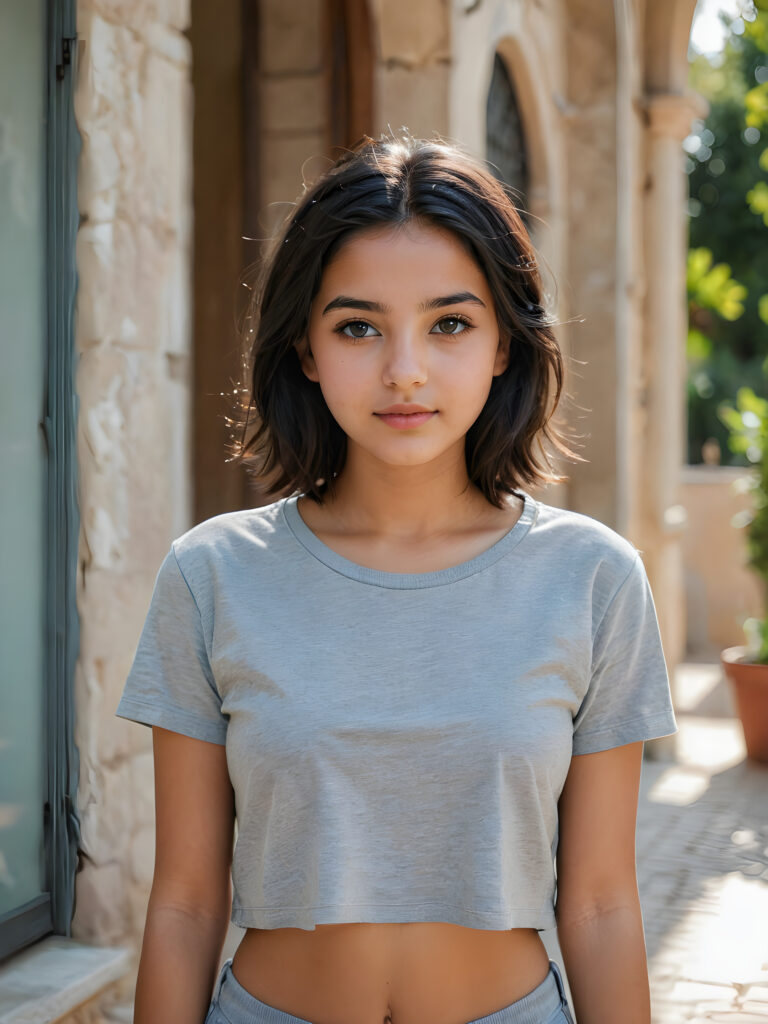 a stunningly gorgeous (((realistic portrait))), featuring a young cute Syrian girl, 16 years old, dressed in a (((grey cropped short t-shirt))), her face exuding an air of serene sophistication, she has long, straight soft obsidian black hair, beautiful body