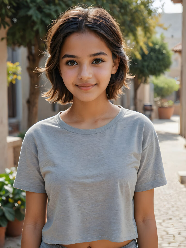 a stunningly gorgeous (((realistic portrait))), featuring a young cute Afghan girl, 16 years old, with a light brown complexion and a warm smile, dressed in a (((grey cropped short t-shirt))), her face exuding an air of serene sophistication