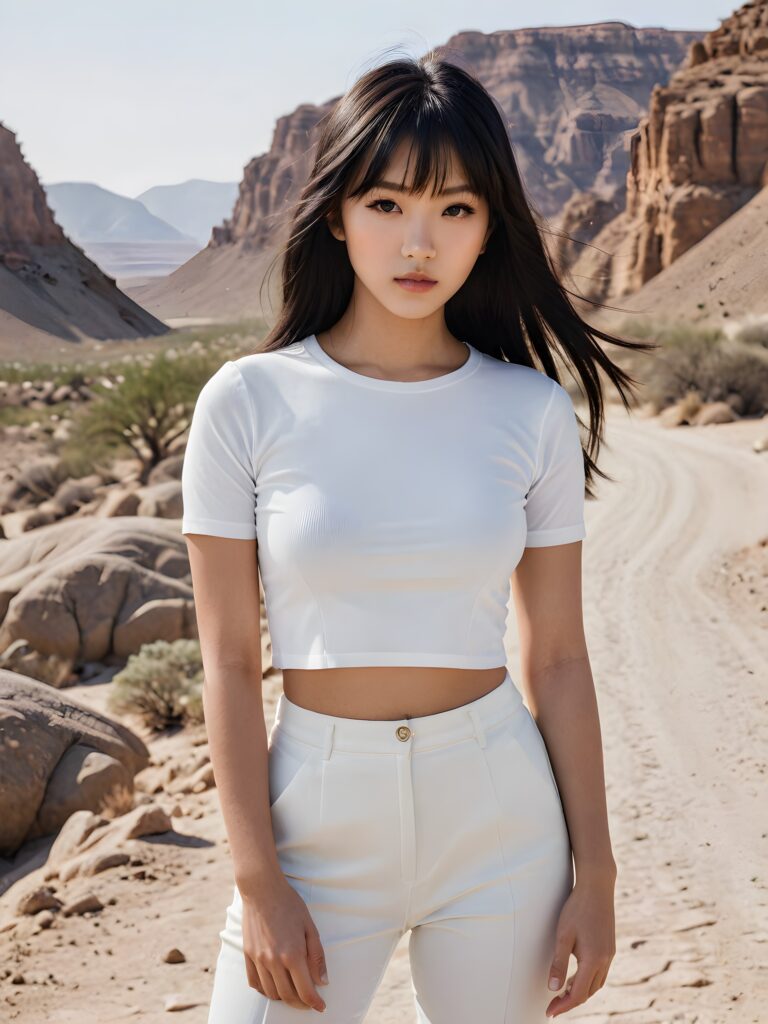 a stunningly realistic and detailed (((photograph))), capturing a Asian teenage girl with luxuriously long, sleek straight black soft hair, bangs, and a flawlessly proportioned, lean physique, ((clad in a minimalist, short-sleeve white crop top that accentuates her curves)), against the backdrop of a weathered, stone-strewn desert landscape