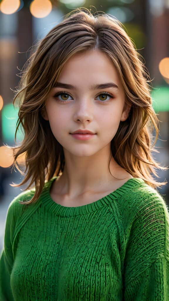 a stunningly realistic and highly detailed (((portrait))) of a (((young teen girl))), featuring a sleek, modern silhouette with asymmetrical, harmonious proportions. Her skin is (((light brown))), her eyes a vivid (((green))), and her hair long, straight, and messy. She wears a sweater made of animal fur , with a (((sleek, modern silhouette))), emphasizing her youthful, vibrant beauty. The background is (((empty))) to showcase the intricate details on her face and body, capturing the essence of a (professional photograph) that exudes a (fresh, realistic glow)