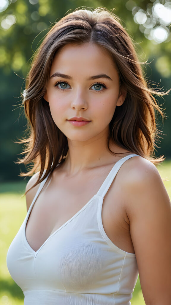 a stunningly realistic (((professional photograph))), capturing the essence of a young well busty teen girlie, deep v-neck, with an innocent air, yet with subtly exaggerated proportions that convey a sense of realism. Her thick, straight jet brown long soft hair falls naturally onto her shoulders. She has beautifully realistic blue eyes that convey a sense of innocence and curiosity. Her slightly turned head is tilted in a direction that exudes a sense of natural beauty and youthful vitality. Her slightly turned shoulders and full body form a seamless, she wears a white short cropped tank top that complements her youthful physique perfectly, front view