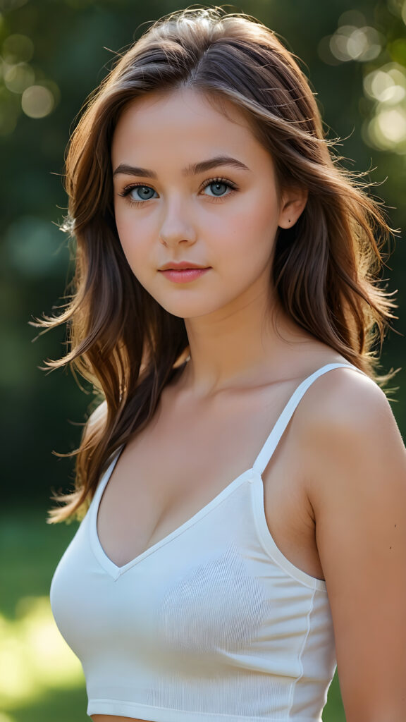 a stunningly realistic (((professional photograph))), capturing the essence of a young well busty teen girlie, deep v-neck, with an innocent air, yet with subtly exaggerated proportions that convey a sense of realism. Her thick, straight jet brown long soft hair falls naturally onto her shoulders. She has beautifully realistic blue eyes that convey a sense of innocence and curiosity. Her slightly turned head is tilted in a direction that exudes a sense of natural beauty and youthful vitality. Her slightly turned shoulders and full body form a seamless, she wears a white short cropped tank top that complements her youthful physique perfectly, front view