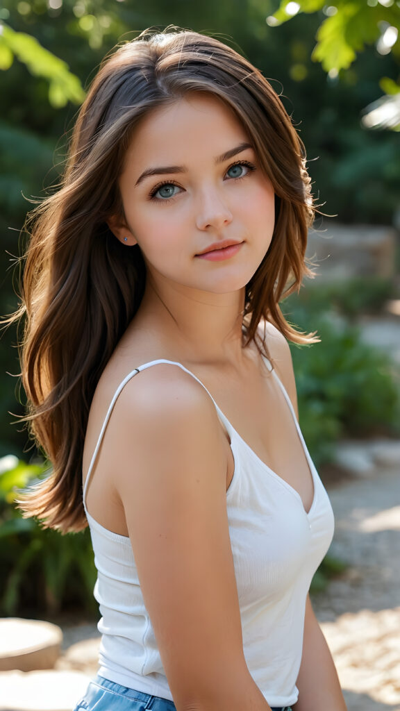 a stunningly realistic (((professional photograph))), capturing the essence of a young well busty teen girlie, deep v-neck, with an innocent air, yet with subtly exaggerated proportions that convey a sense of realism. Her thick, straight jet brown long soft hair falls naturally onto her shoulders. She has beautifully realistic blue eyes that convey a sense of innocence and curiosity. Her slightly turned head is tilted in a direction that exudes a sense of natural beauty and youthful vitality. Her slightly turned shoulders and full body form a seamless, she wears a white short cropped tank top that complements her youthful physique perfectly, front view