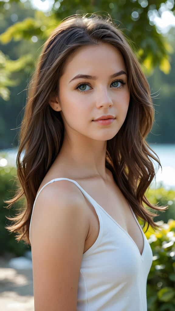 a stunningly realistic (((professional photograph))), capturing the essence of a young well busty teen girlie, deep v-neck, with an innocent air, yet with subtly exaggerated proportions that convey a sense of realism. Her thick, straight jet brown long soft hair falls naturally onto her shoulders. She has beautifully realistic blue eyes that convey a sense of innocence and curiosity. Her slightly turned head is tilted in a direction that exudes a sense of natural beauty and youthful vitality. Her slightly turned shoulders and full body form a seamless, she wears a white short cropped tank top that complements her youthful physique perfectly, front view